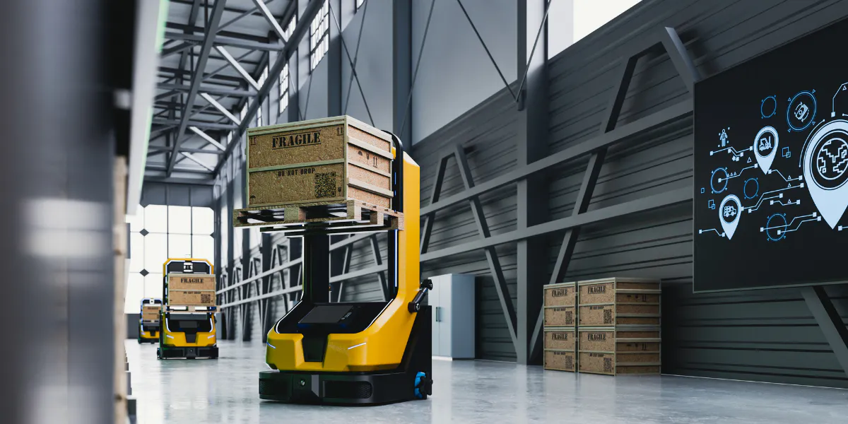 fork lift truck transporting a fragile container