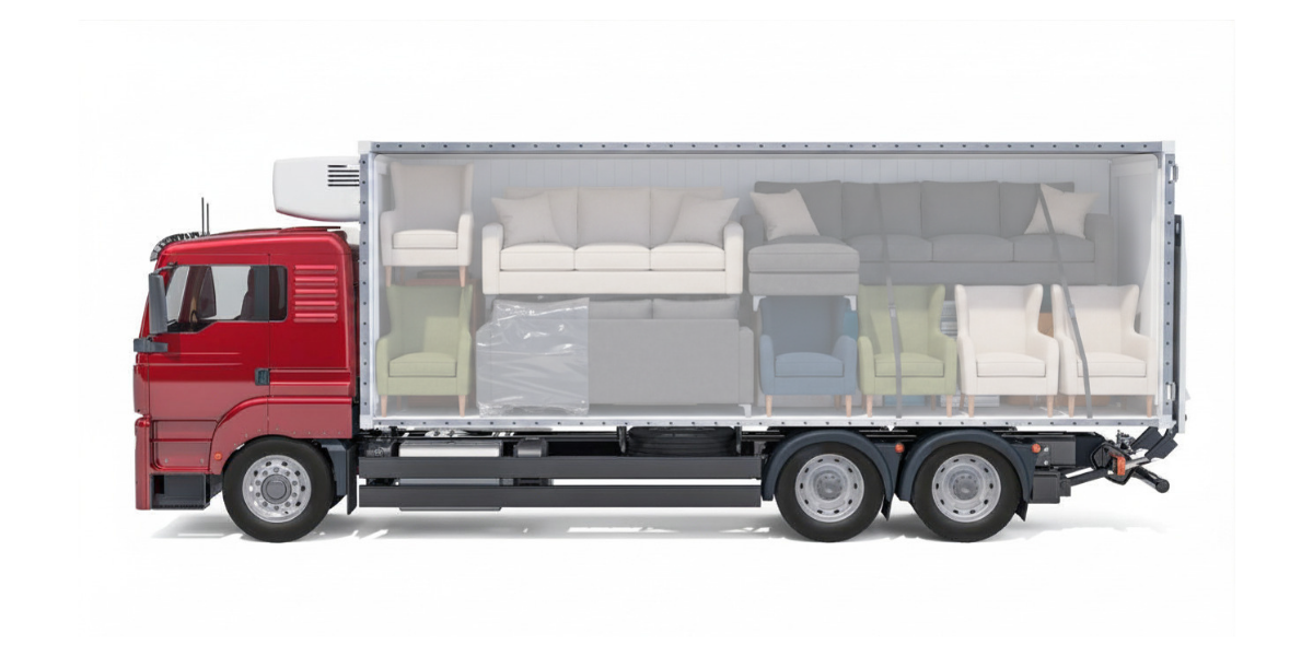 Red delivery truck packed full with bulk furniture items such as sofas and chairs