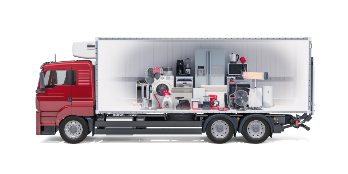 Red delivery truck showing a range of large household appliances inside the truck