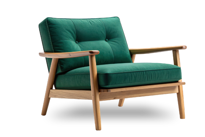 Green armchair with a wooden frame